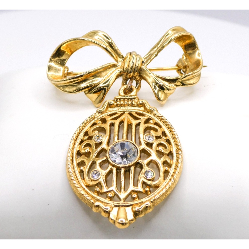 Vintage 1928 Rhinestone Goldtone Ribbon Bow Dangle Brooch Pin Large Women's 2.2"